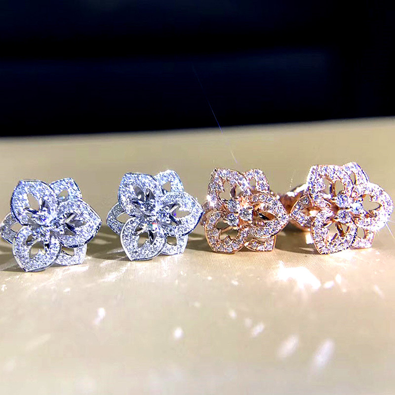 Stud Earrings 925 Sterling Silver Stud Hollow Rose Diamond Stud Women Fashion Sparkling Crystal Stud Engagement Party Jewelry