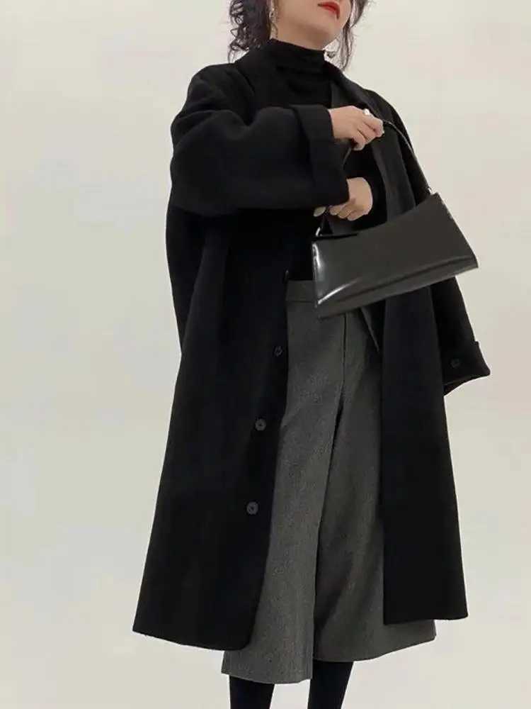 Korean Style Office Lady Woolen Jackets 2024 Autumn And Winter Lapel Single Breasted Loose Elegant Long Womens Wool CoatsX241009