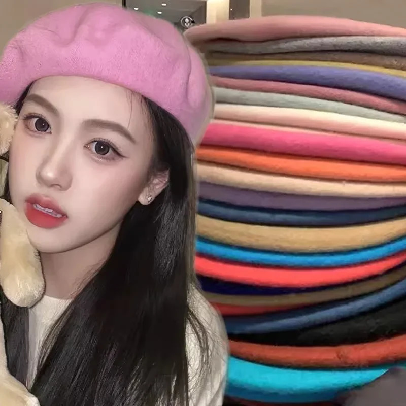 Vintage winter warm wool plain weave womens beret artist fashionable casual womens black red bean hat Boinas Para Mujer 241007
