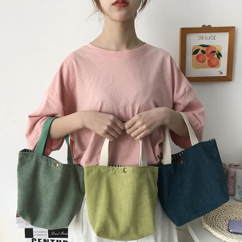 Small Corduroy Lunch Bag for Women Canvas Portable Tote Bags Travel Handbags 240925