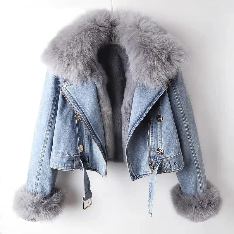 2024 Autumn Winter Detachable Faux fur Rabbit inner lining Denim Jacket Womens Short Top Female Warm Parker Outwear 241008