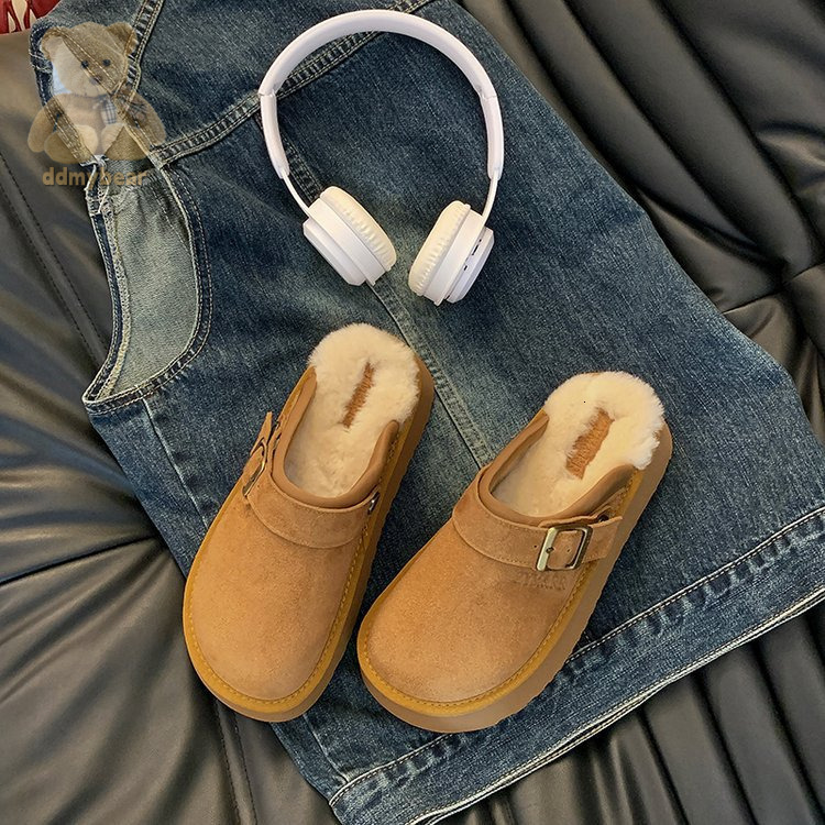 Ddmybear Lamb Hairy For Women, 2024 Winter New Style Thick Bottom Bread Shoes, Half Slippers Chinese Brand Shoes F1010-69