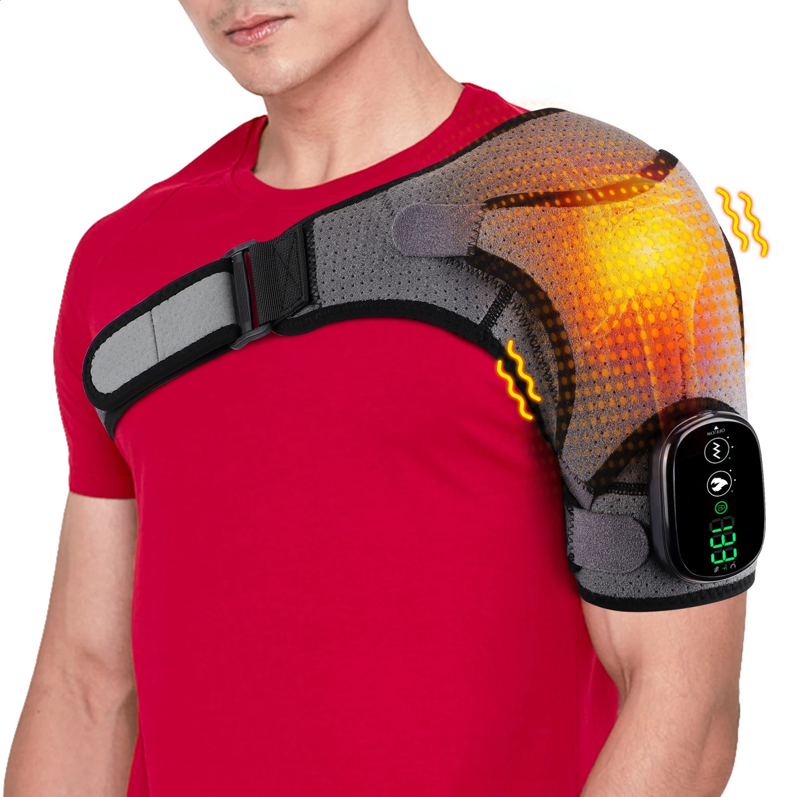 Electric heated shoulder massager bracket joint vibration arthritis pain relief LED intelligent controller adjustable support strap 241008