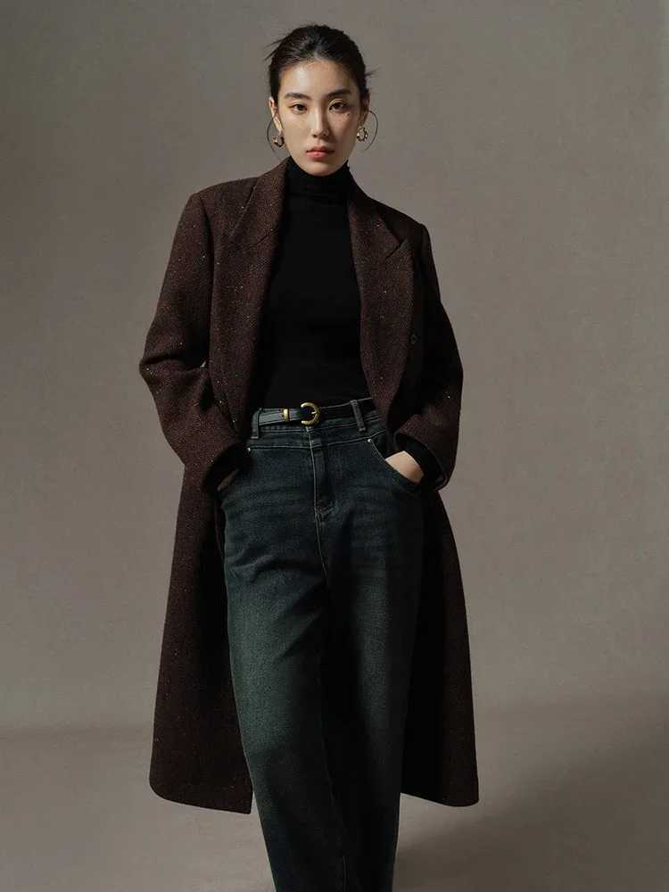 DUSHU Retro Sense Dark Coffee Brown Color Double Breasted Long Wool Coat for Women 2023 Winter Chic Design Woolen Coat FemaleX241009