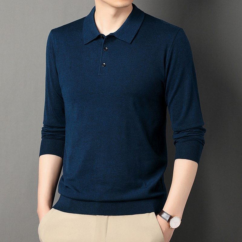 2024 New Designer Winter Men's Thin Long Sleeve Middle aged T-shirt with 6 Hairy Collar Solid Color Polo Shirt for Men