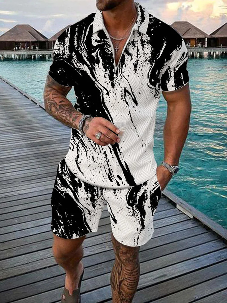 summer color printed mens track and field suit set casual zipper collar polo shirt and shorts 2-piece set fashionable mens clothing 240930