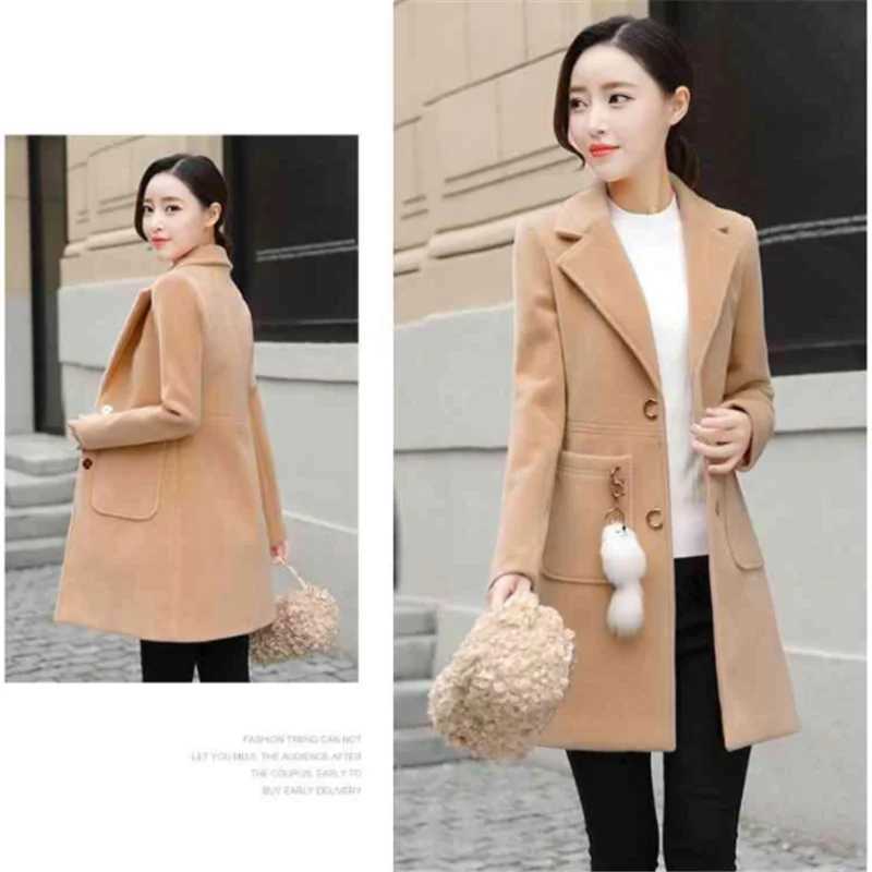 2024 Autumn Winter Ladies New Version Of The V-neck Solid Color Woolen Coat Womens Mid-Length Slim Thin Woolen CoatX241009