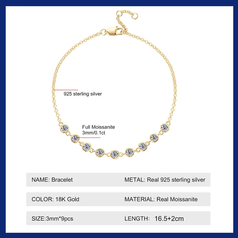 3MM Round Diamond Bracelet 18K Gold Plated 925 Pure Silver Frame Set for Womens Birthday Gift 240912
