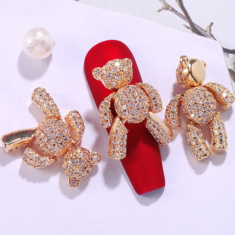 1Pc 3D Gold Bear Alloy Zircon Nail Art Crystal Nail Jewelry Water Diamond Nail Accessories Decorative Charm 241008