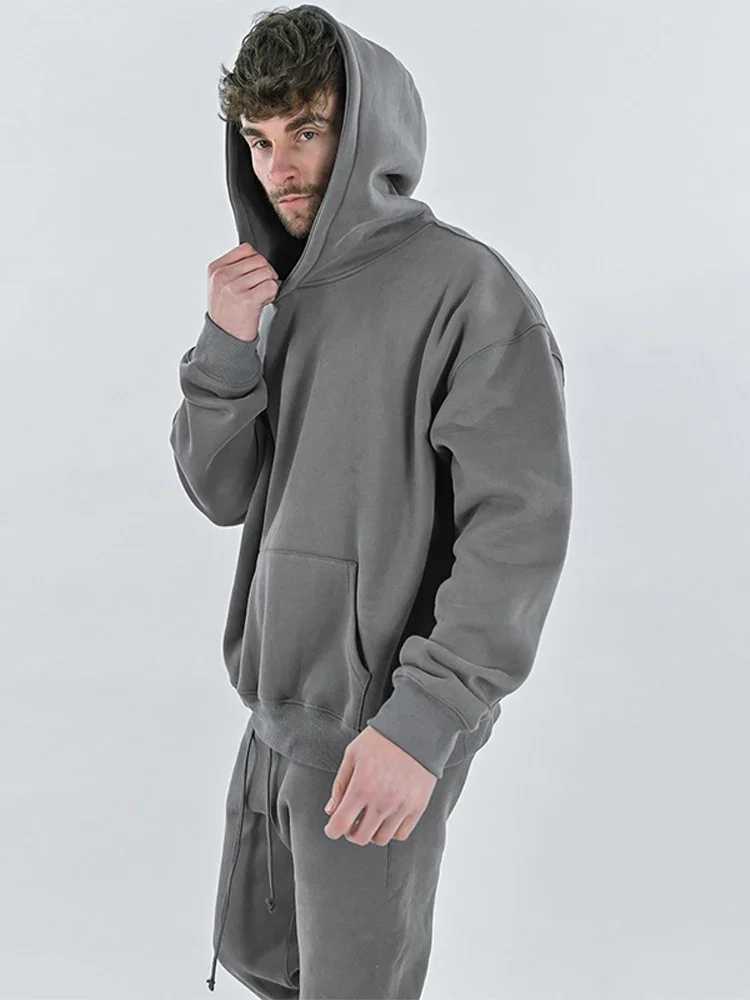Men's Hoodies Sweatshirts Mens Tracksuits Fashion Solid Plush Tracksuit Large Pocket Hooded Pullover Autumn Winter Elastic Drawstring Sports Q241