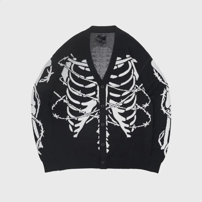 Y2k Tops Harajuku oversized cardigan womens clothing suede leather fashionable skull print casual knitted sweater jacket handle women 241007