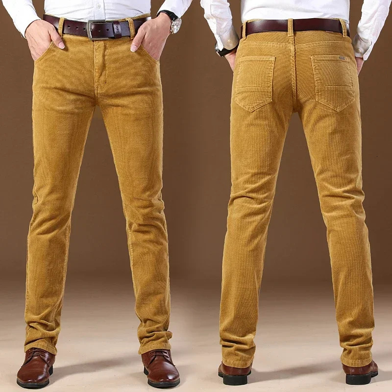 Winter Mens Corduroy Casual Pants Business Fashion Solid Color Elastic Regular Fit Trousers Male Black Khaki Coffee Blue 241009