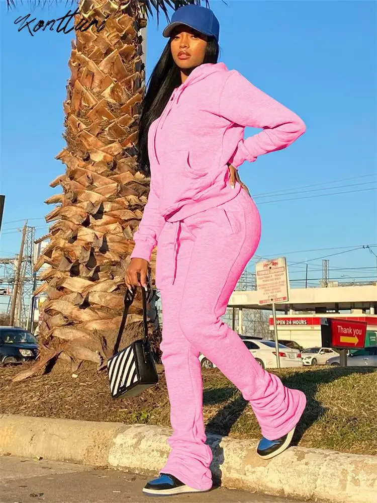 Kontturi Autumn Set Two Piece Womens Long Sleeve Black Hoodie Casual Pink Solid Shining Pants 240929