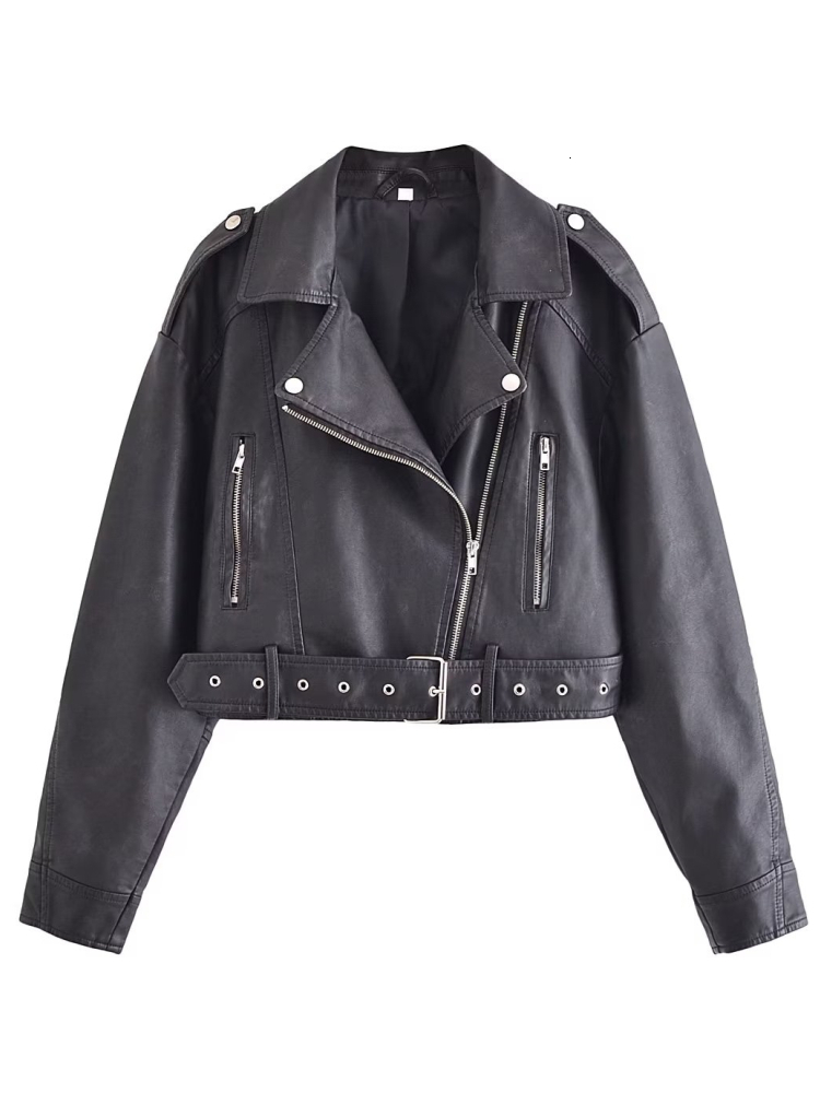 ZACK RAIN Women With Belt Washed Gradient Leather Jackets 2023 Fall/Winter Ladies Coat Vintage Solid Color Loose Female Outwear