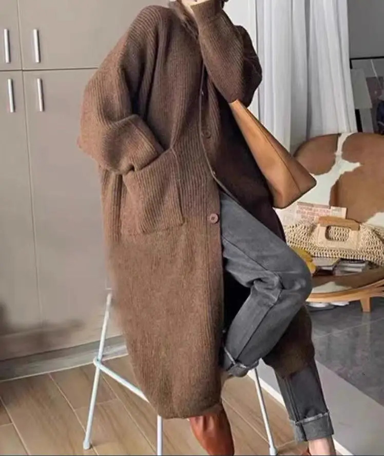 Womens long sleeved knitted cardigan solid casual single chest high neck double pocket jacket winter coat 241007