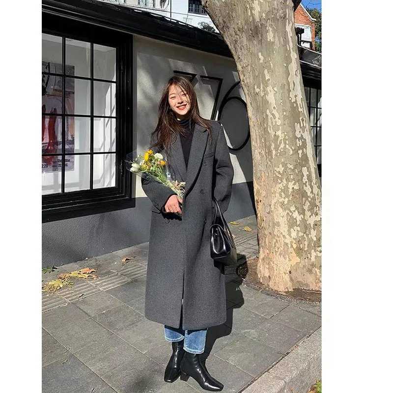 Black Suit Jacket Womens 2023Autumn And Winter New Cotton Thickened Loose Medium And Long Woolen Coat WomenX241009