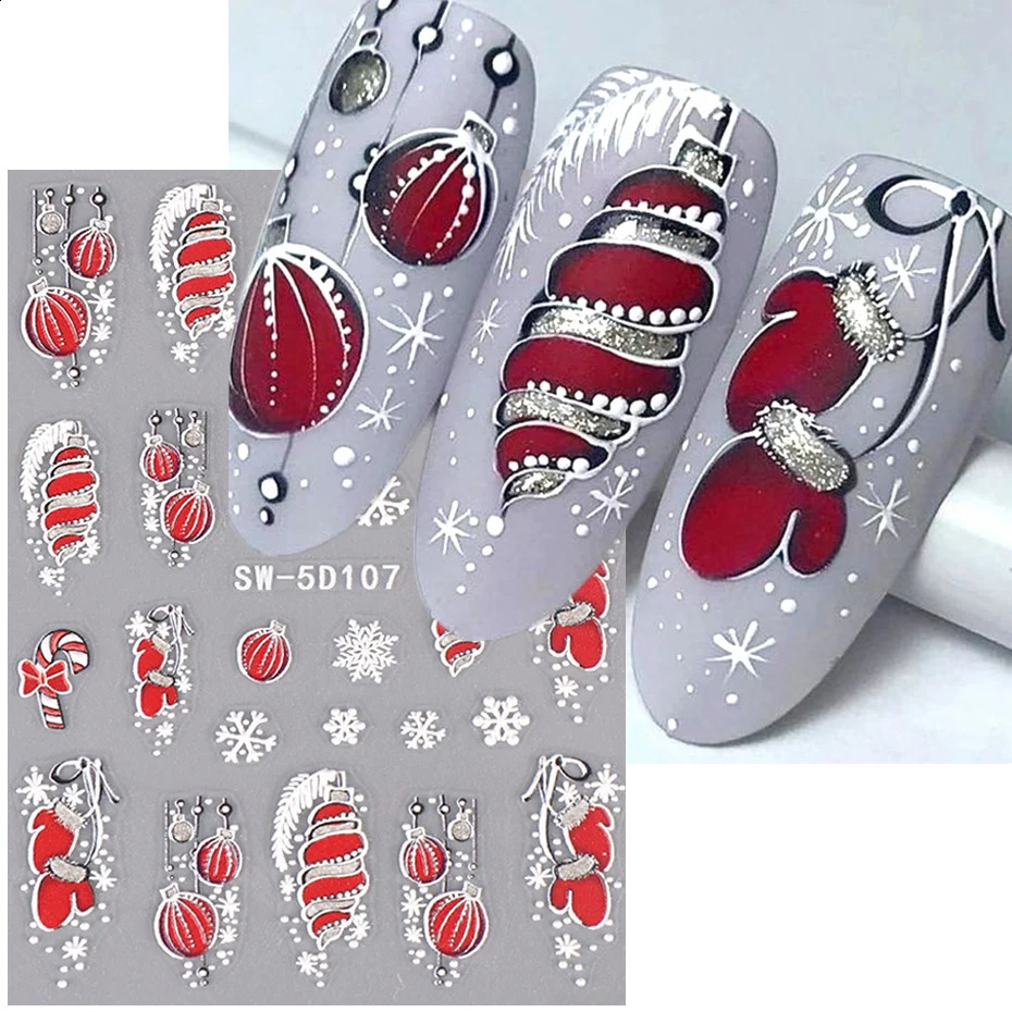 5D Red Christmas Nail Stickers Sparkling Embossed Snowflake Gloves Badminton Bells Winter Christmas DIY Carving Handmade Decoration 241008