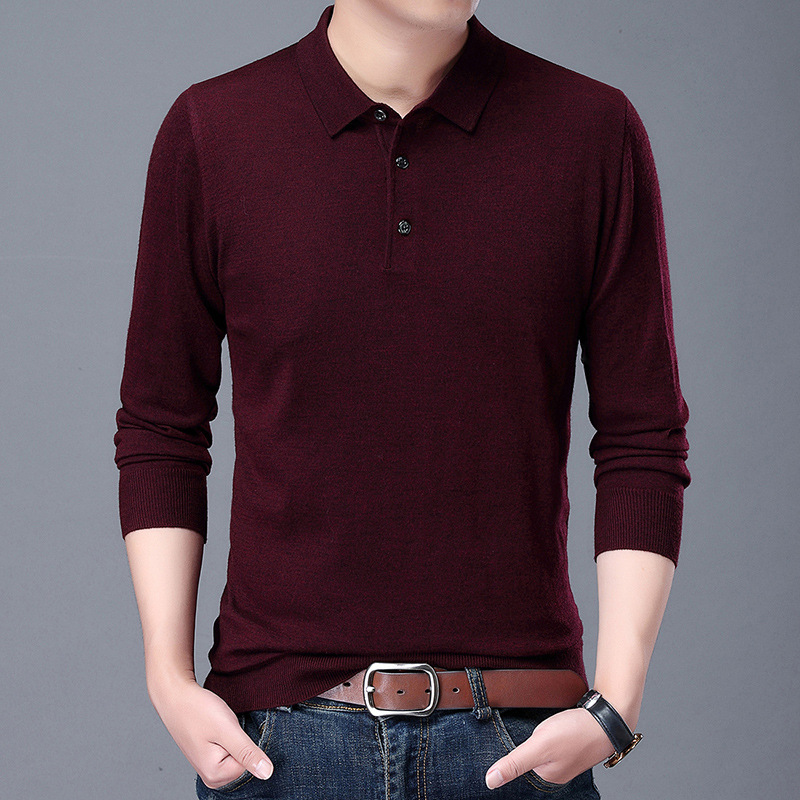6. Wool thin knitted men, 2024 autumn and winter new item, solid color polo shirt, lapel, long sleeved base sweater for men