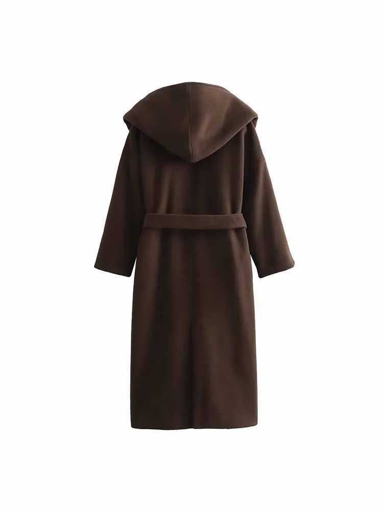 TRAF autumn and winter new European and American fashion leisure belt hooded woolen coat womens mid-length coatX241009