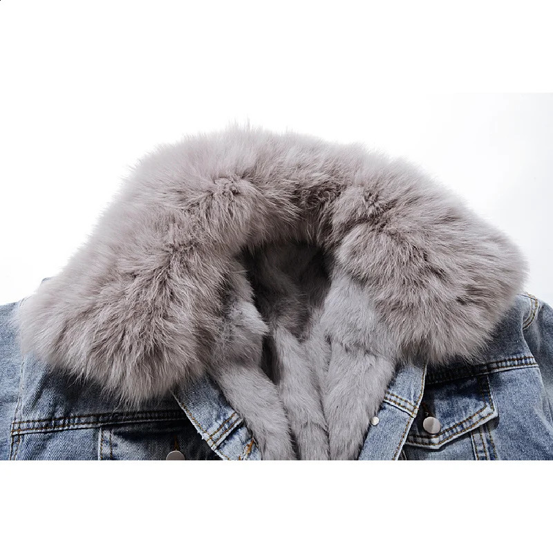 Winter Thick Real Fur Collar Rabbit Liner Denim Jacket Coat Women Outwear Loose Short Hem Split Fork Jeans Female 241008