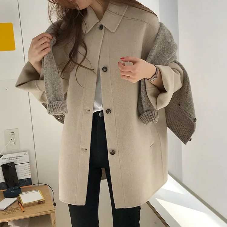 Fashionable Medium-length Loose-fit Camel Faux Woolen Jacket For Women 2023 New Style Padded Layered Coat Trendy OvercoatX241009