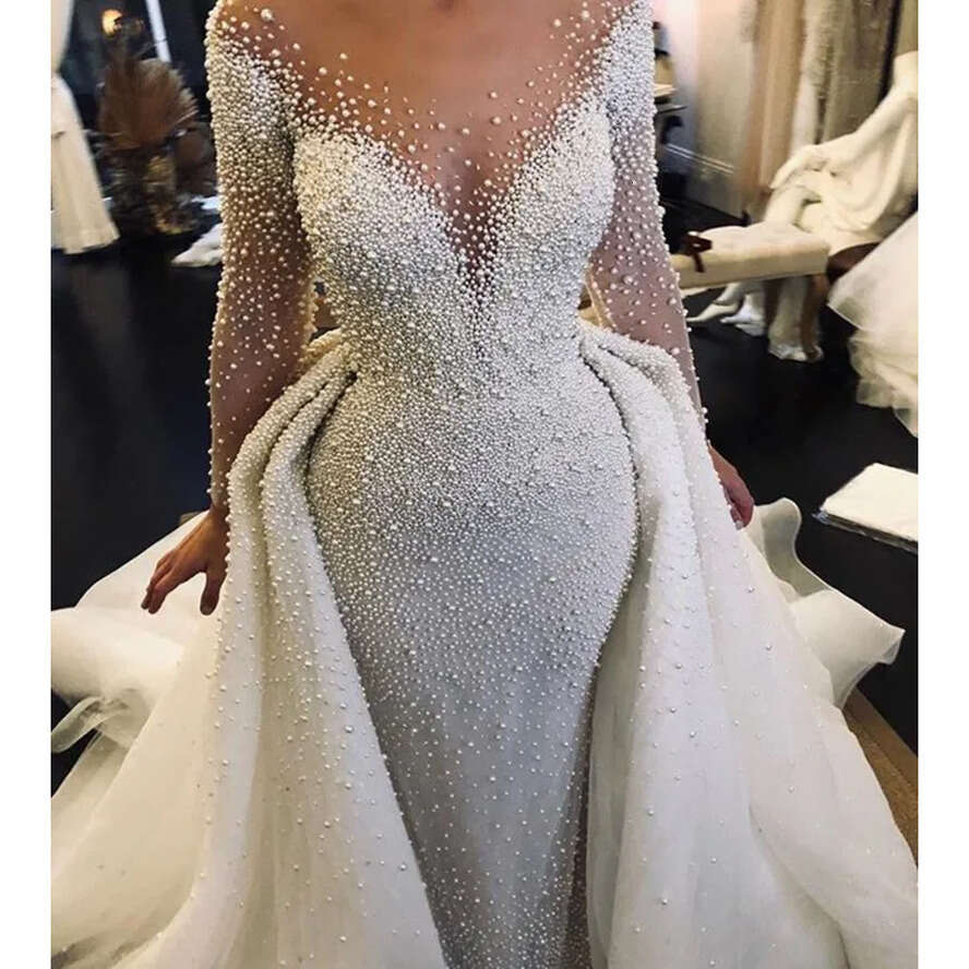 2022 Pearls HOT Mor Mermaid Dresses Sheer Crew Neck Long Sleeves See Through Wedding Gowns With Removable Train Bridal Dress