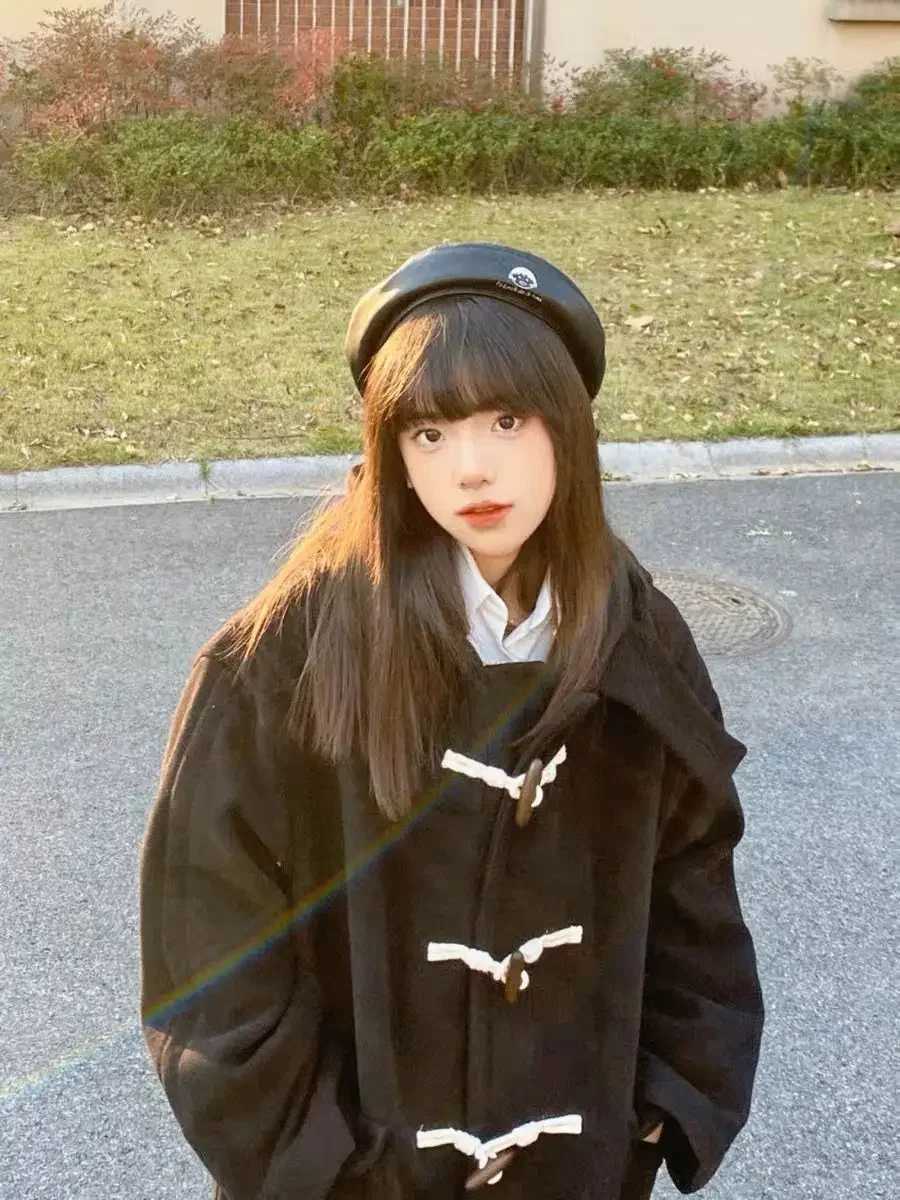 Horn Button Japanese Woolen Coats for Women Winter Jacket Fashion Mid Length Black Hooded Korean Unique Long Coat Women ClothesX241009