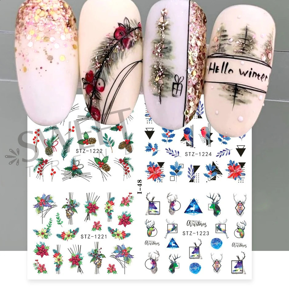 4-in-1 Holly Geometric Waternail Stickers Snowflake Santa Claus Christmas DIY Year Decoration Tips JII-48 241008