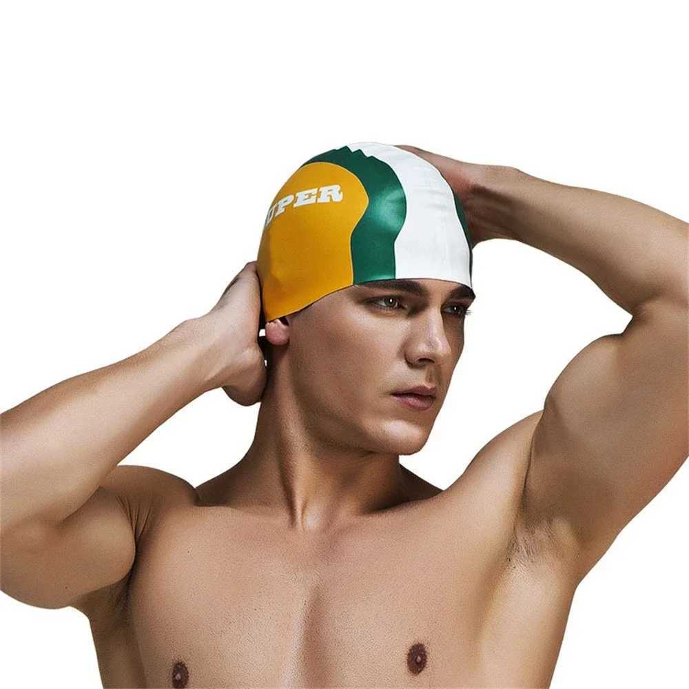 Neutral multi-color silicone printed swimming cap adult waterproof summer swimming pool cap elastic protection for ears long hair diving cap CL241009