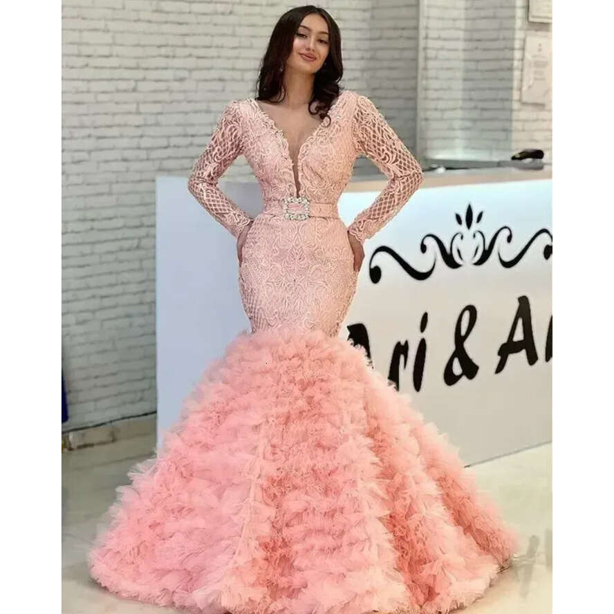 Arabic Mermaid Dresses Prom V Neck Pink Beads Crystal Lace Long Sleeves Tiered Ruffles Tulle Formal Evening Plus Size Pageant Wear Party Gowns Custom 