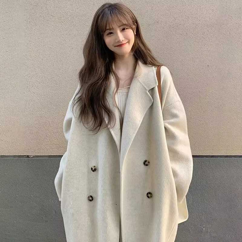 Womens Woolen Coat For Autumn And Winter New Korean Loose Medium Long Hepburn Style Woolen CoatsX241009