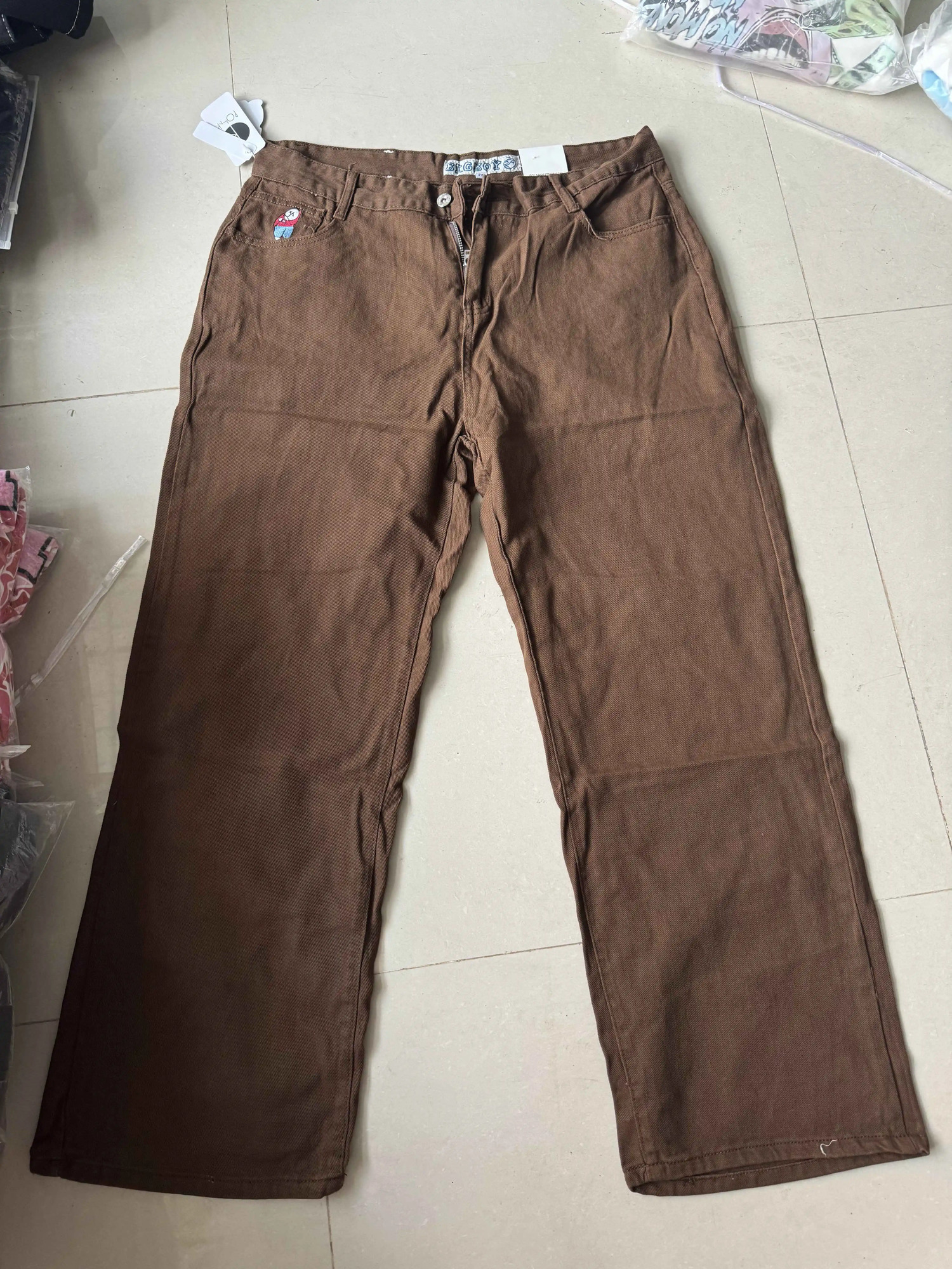 Harajuku Polar Big Boy Baggy Brown Jeans Y2k Pants Mens Gothic Denim Embroidered High Waist Wide Trouser Womens 241009