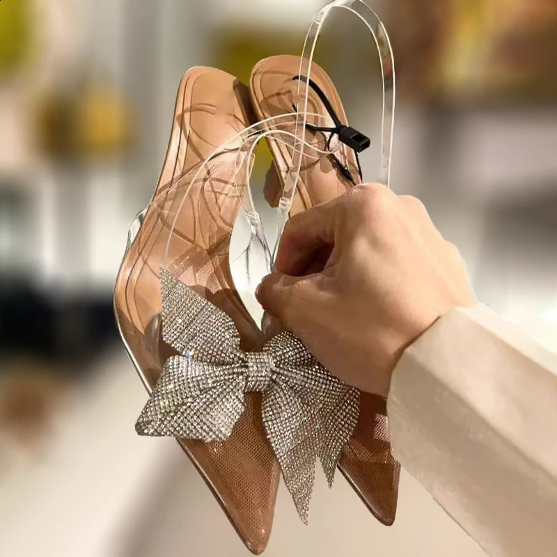 Point Head Womens High Heel Sandals Summer Water Diamond Bow Tie Strap Pump Womens Transparent Khaqi Sole Stiletto Shoes 240925