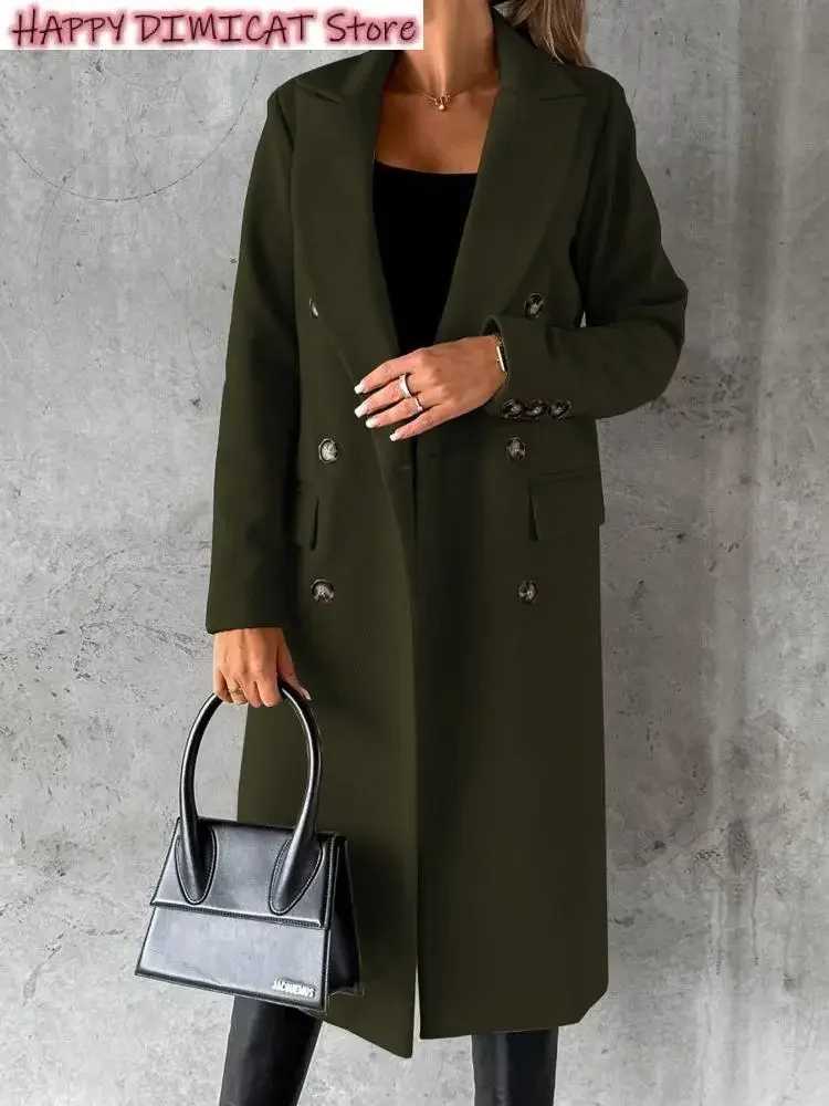 Woolen Coat Casual Solid Color Coats Women Autumn Winter Long Jacket Ladies Vintage Double Breasted Overcoat Female ElegantX241009