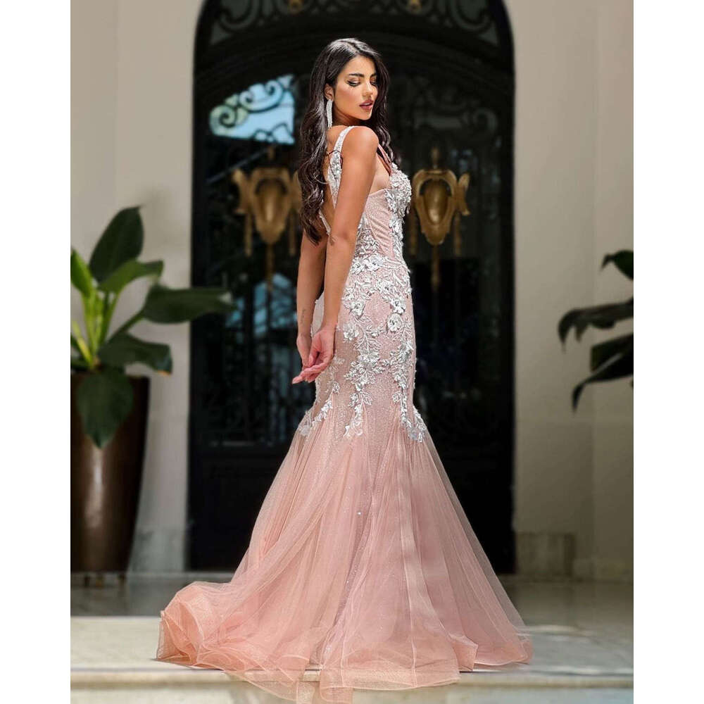 Beautiful Pink Dresses Mermaid V-Neck Strap Appliques wers Lace or-Length Princess Bride Wedding Dress Custom Made