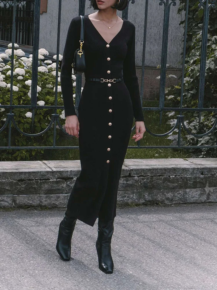 Knitted dress womens retro fashion street ultrathin long sleeved button Vneck split Midi autumn and winter 241007