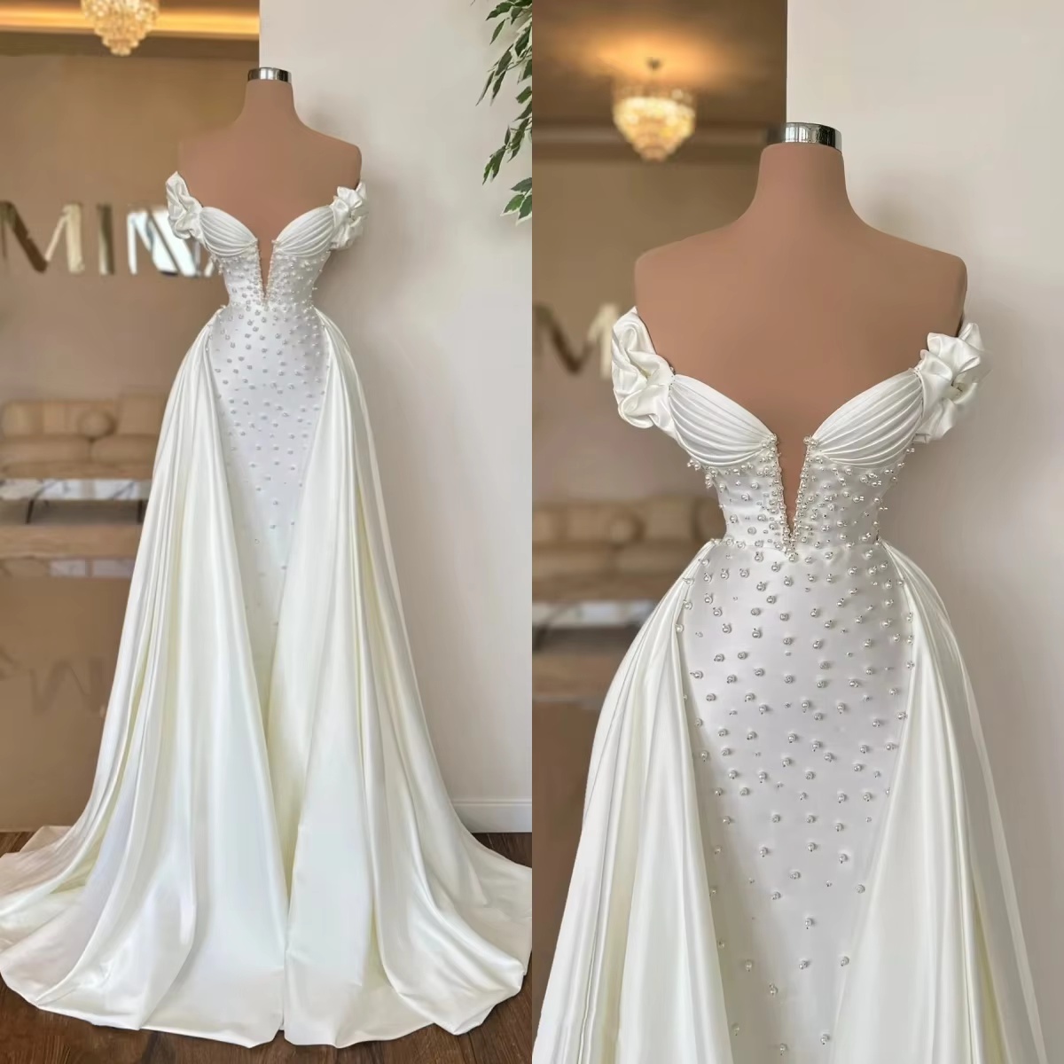 Classic Pearls Wedding Dresses Off Shoulder Bride Gown Short Sleeve Satin Bridal Dress with Detachable Train Custom Made Vestidos De Novia