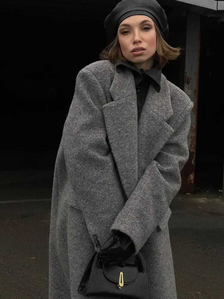 Gray Casual Womens Jacket Coat Woolen Notched Double Breasted Elegant Back Split Loose Outwear 2024 Autumn Chic Street CoatsX241009