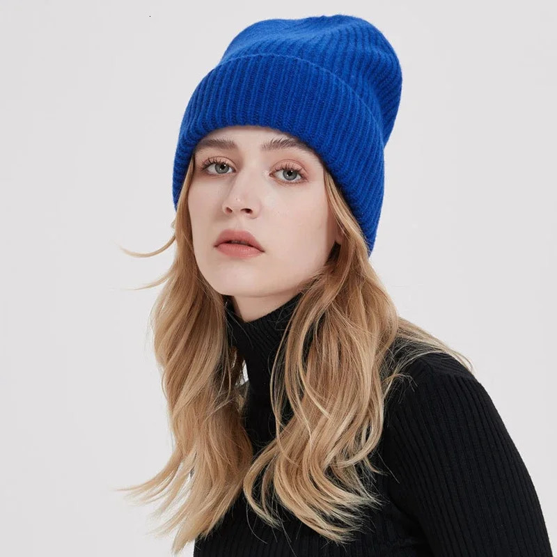 Pure Wool Knitted Beanie Unisex Winter Thick 100%Woolen Hat Classic Mens and Women Cap Ski Solid Sheep-Wool Warm Skull Headwear 241007