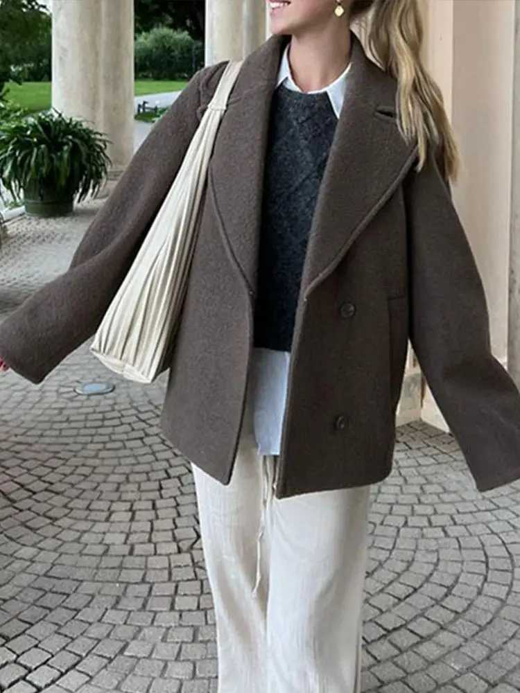 Elegant Brown Woolen Coats Women Thick Lapel Single Breasted Pocket Jackets 2024 Autumn Winter Lady Long Sleeve Loose OutwearX241009