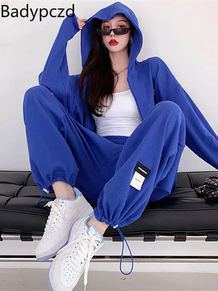 Badypczd womens sportswear waffle casual hooded zipper jacket loose wide leg jogging pants Korean twopiece set clothing 241007