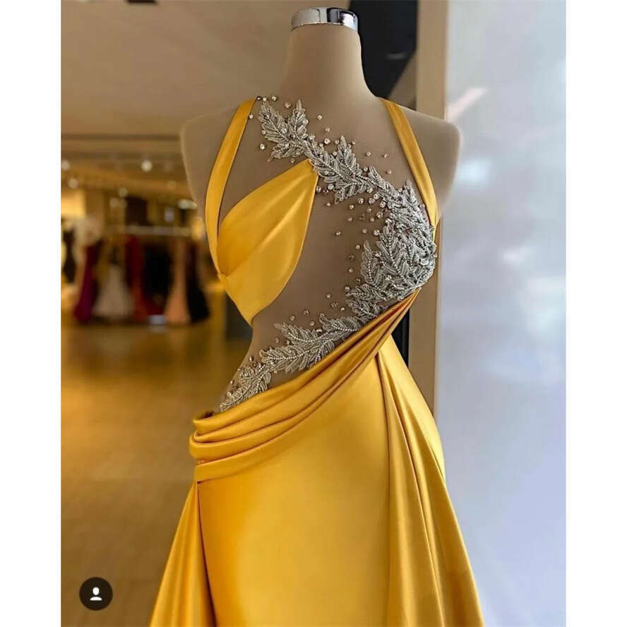 Elegant Year's 2022 New Yellow Mermaid Evening Dresses Beaded Pleats Lace Top Illusion Prom Gowns Satin Ruched Formal Party Dress Vestido De Novi