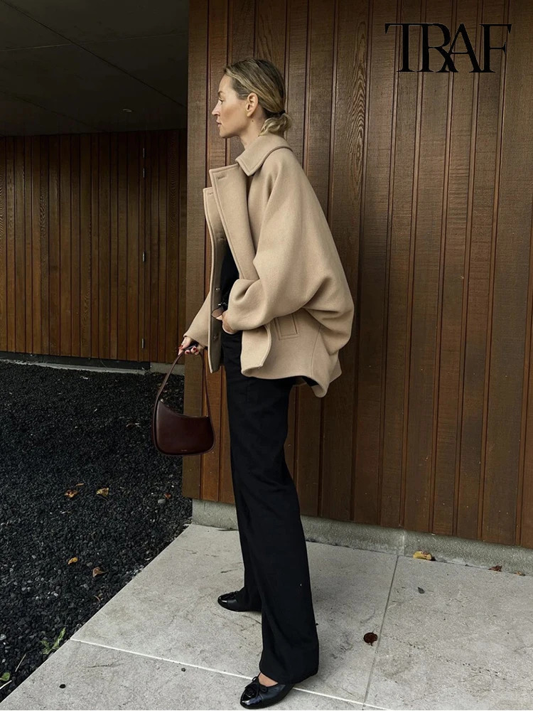 TRAF Womens Fashion Single Breasted Jacket Casual Vintage Long Sleeve Lapel Coat Autumn and Winter Khaki Wool Bat 240930