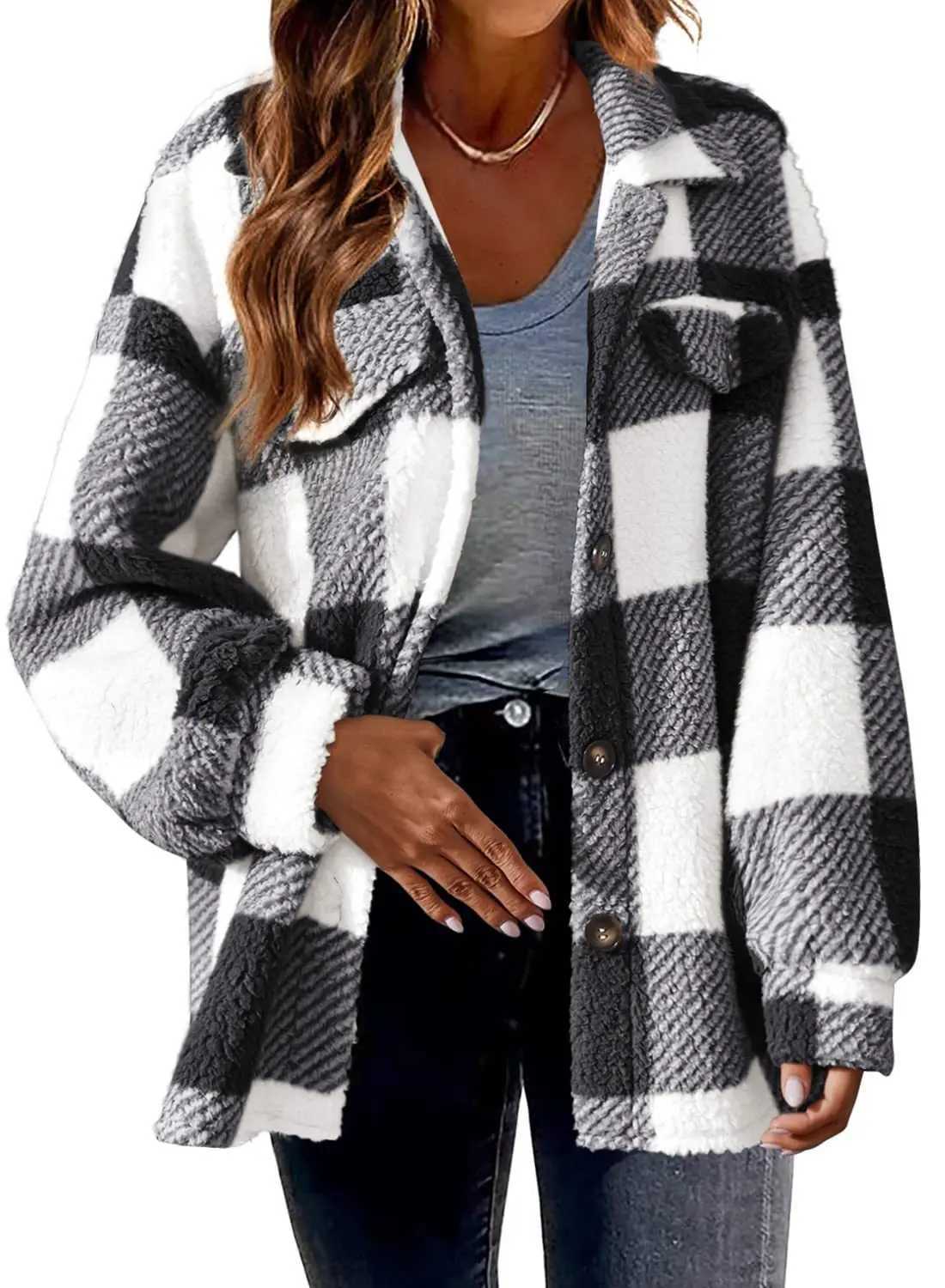 2023 Autumn and Winter Womens New Fashion Loose Casual Pocket Plaid Lamb Fleece Jacket Button Plush Comfortable Versatile CoatX241009