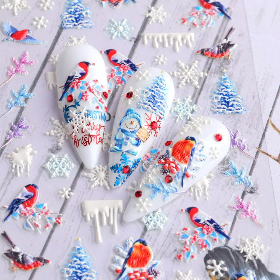5D embossed Christmas cartoon nail stickers bird snowflakes Santa Claus gingerbread winter slider Year decoration SADK098-103 241008