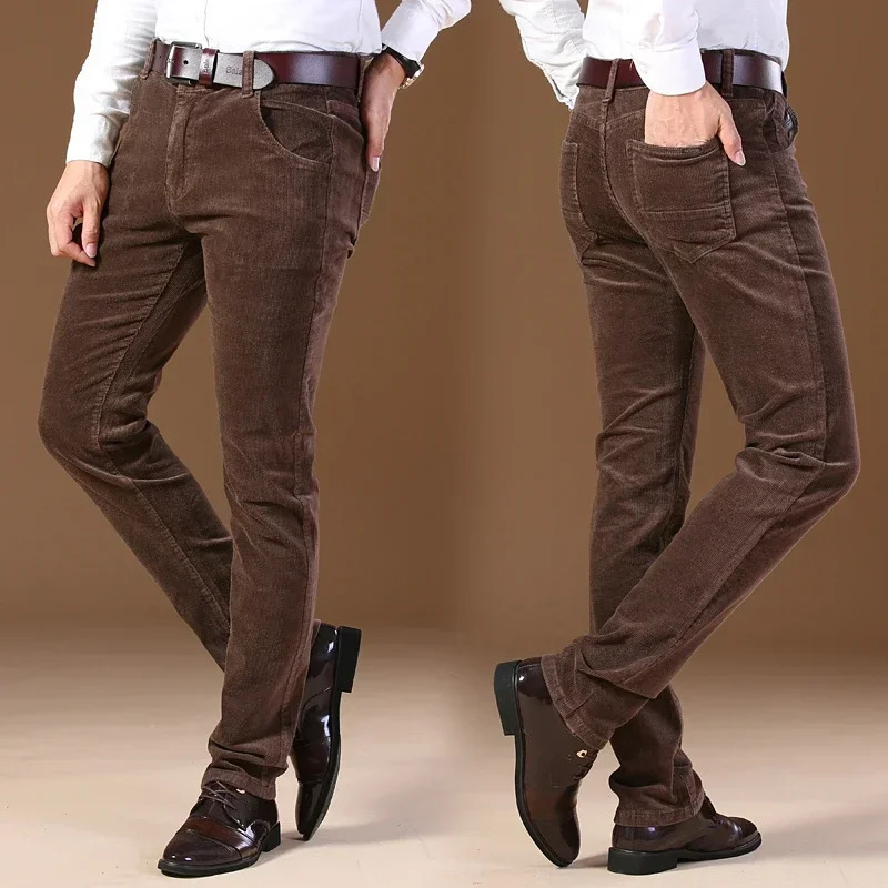 Winter Mens Corduroy Casual Pants Business Fashion Solid Color Elastic Regular Fit Trousers Male Black Khaki Coffee Blue 241009