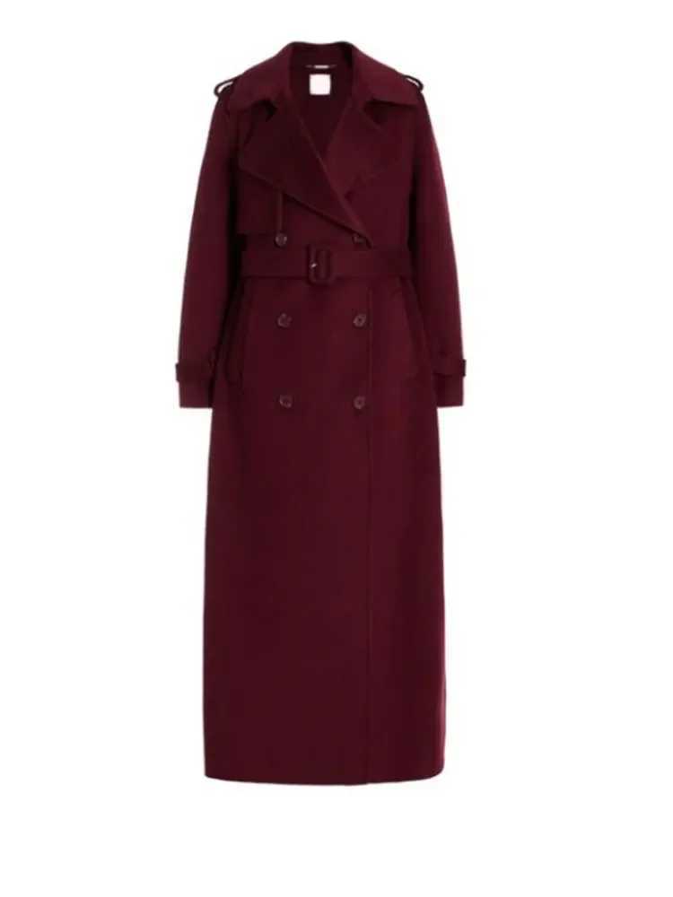 Wine Red Double Breasted Woolen Trench Coat Women Casual Lapel Long Sleeves Long Overcoat 2024 New Lady Commute Office OuterwearX241009