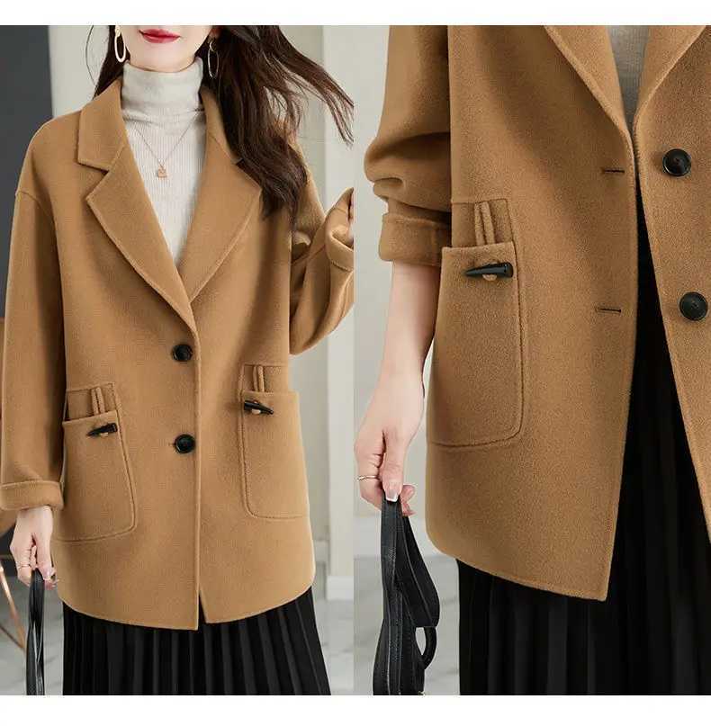 Blends Coat Women Wool Jacket Vintage Turn Down Collar Pockets Spliced Long Outwear Button Elegant Thick Autumn WinterX241009