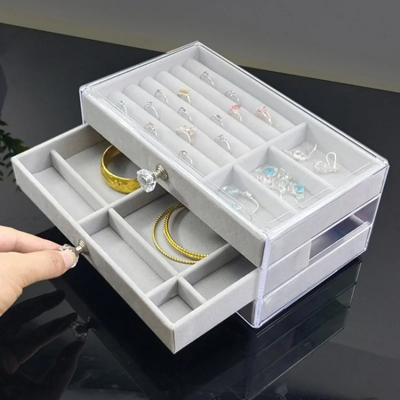 3-layer transparent jewelry organizer large ring necklace earrings makeup stand womens velvet jewelry box 240924