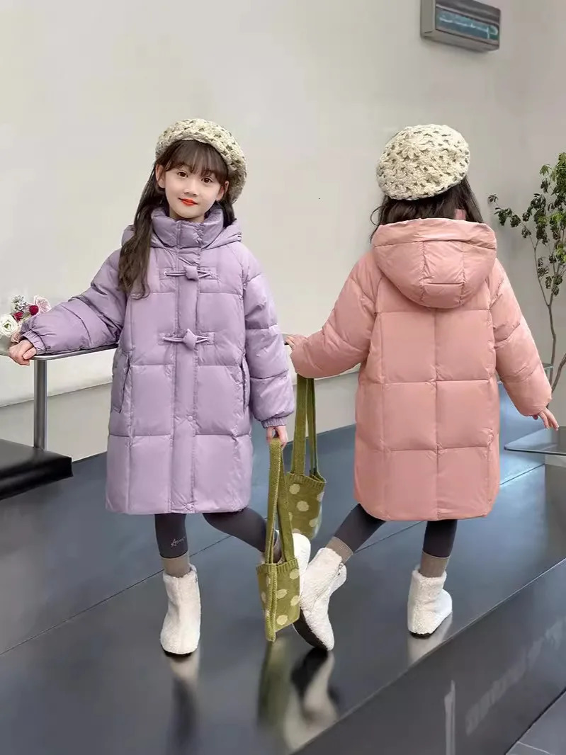 Winter Parkas warm cotton childrens jacket hooded solid jacket suitable for girls outerwear pink purple childrens clothing 5-12 years TR256 240927